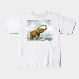 Loose Painting of a Baby Elephant Taking a Shower Kids T-Shirt